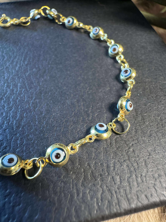 Blue Kyanite Evil Eye Gold Link Adjustable Bracelet