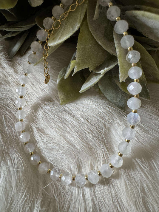 White Moonstone n' Quartz Bead Bracelet