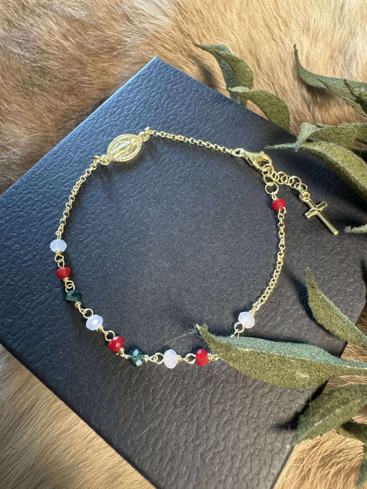 Emerald, Red Ruby & White Quartz Mother Mary Bracelet