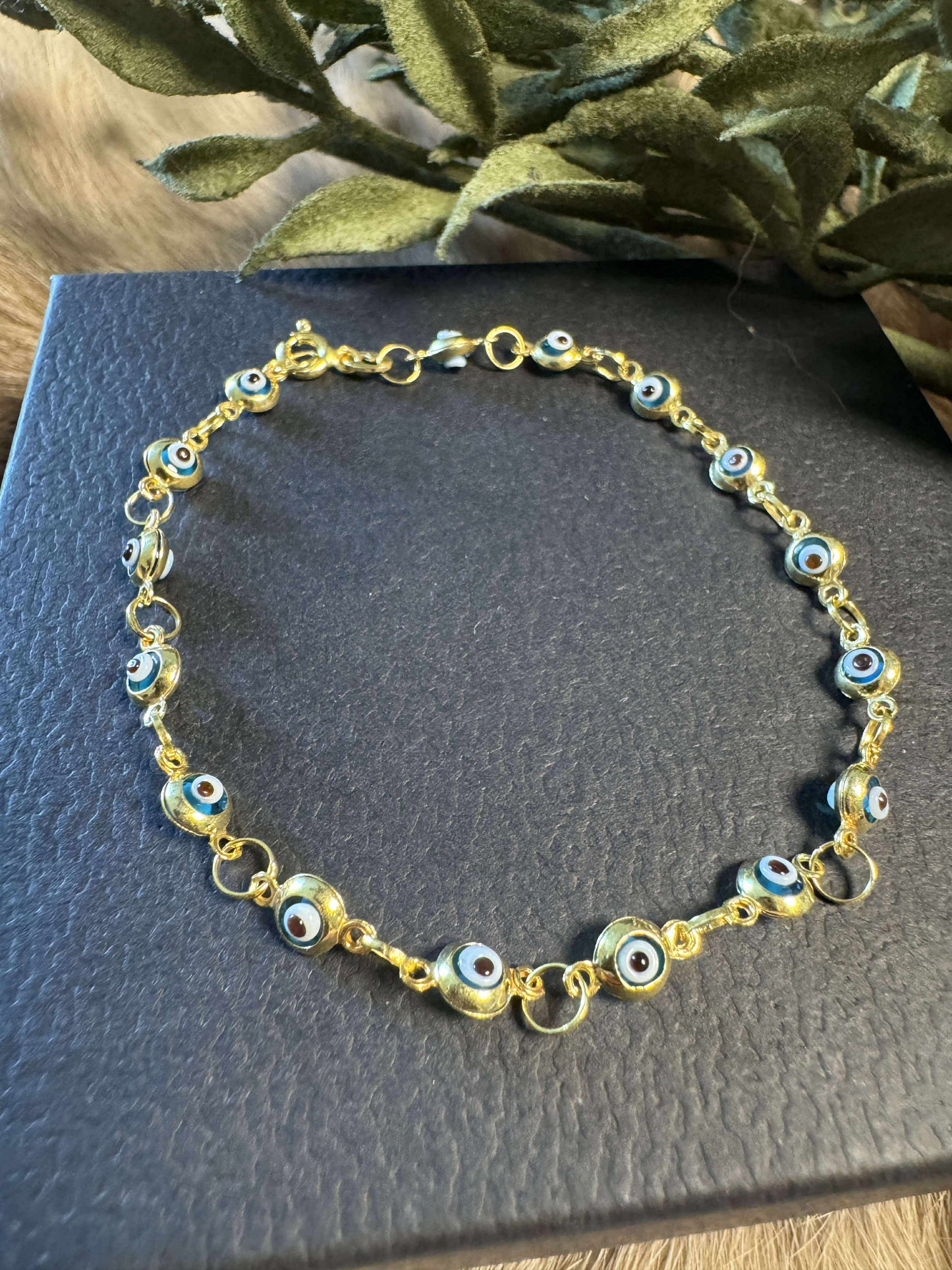Blue Kyanite Evil Eye Gold Link Adjustable Bracelet