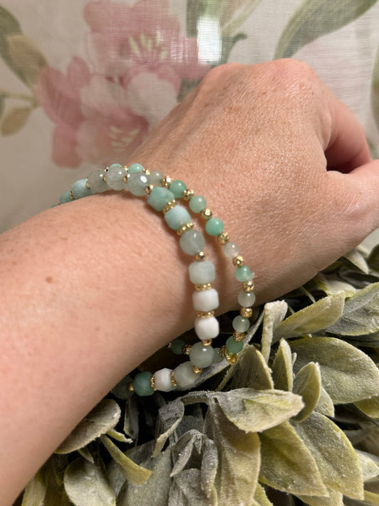 Caribbean Calcite & Aquamarine Double Bead Bracelet