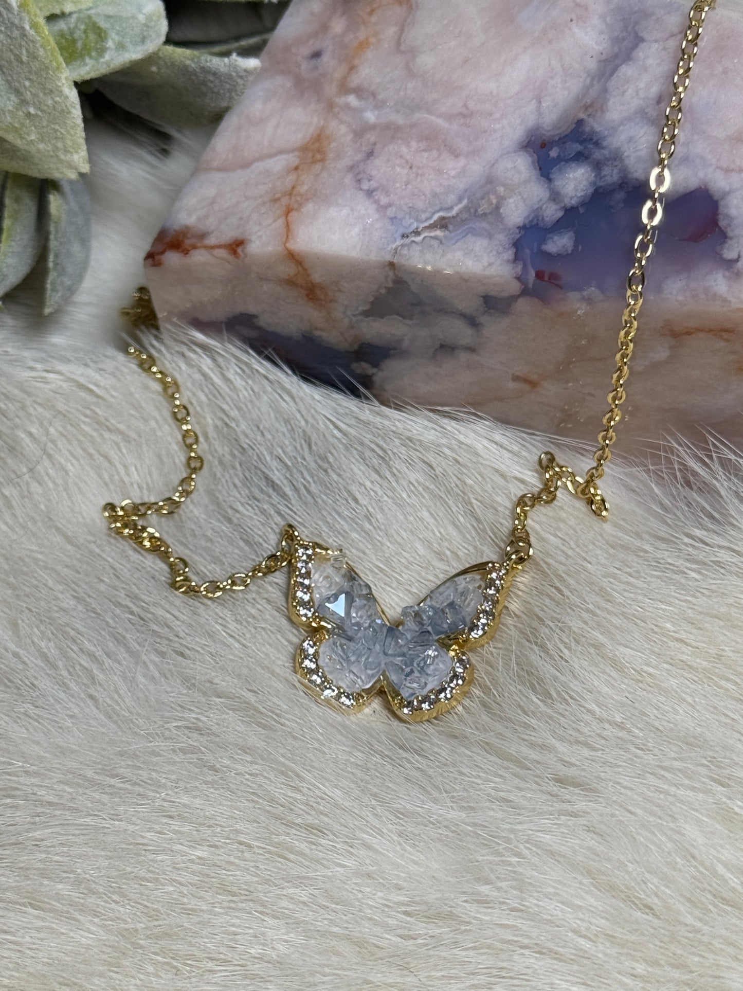 Celestine & Quartz Butterfly Necklace