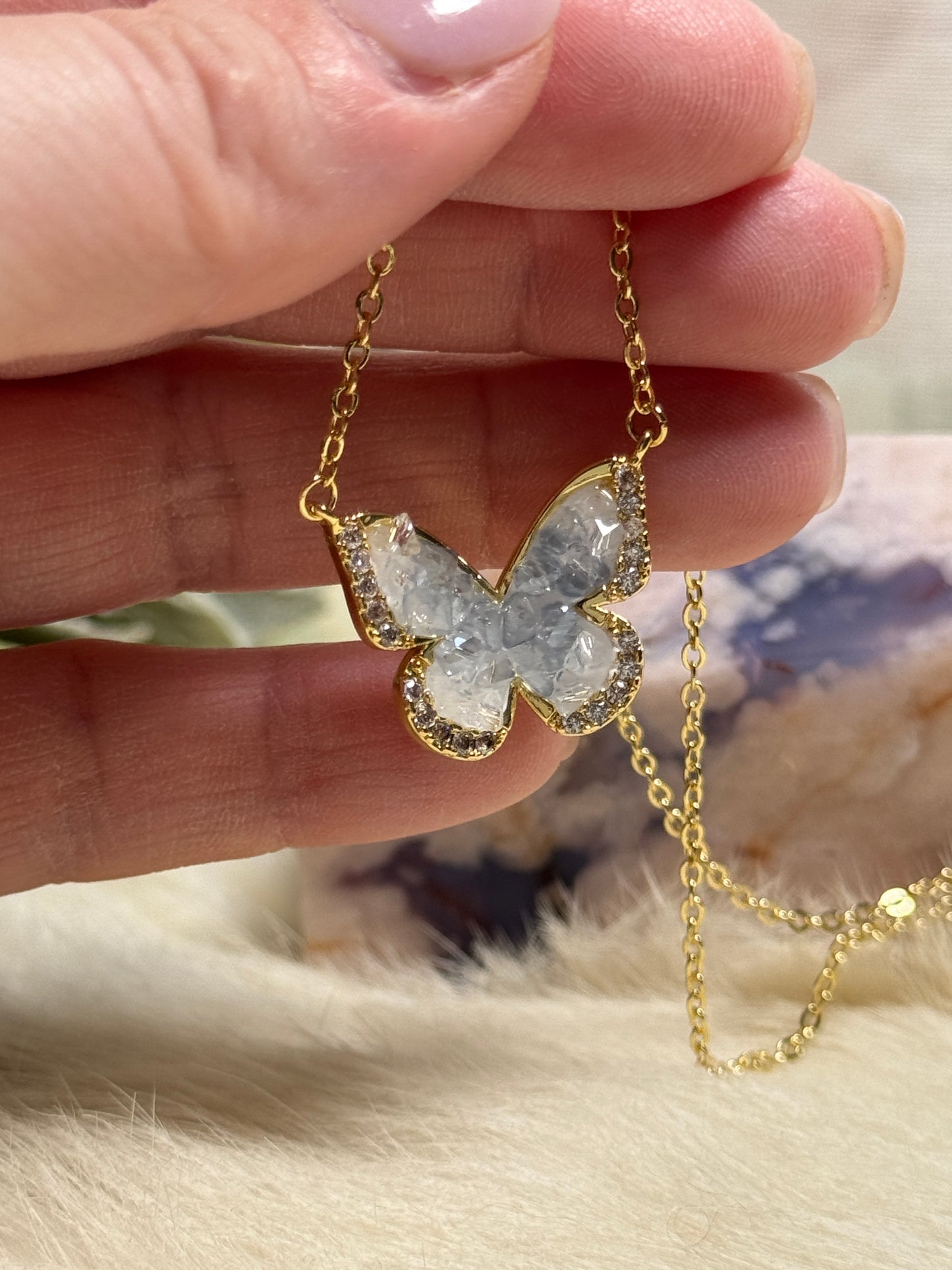Celestine & Quartz Butterfly Necklace