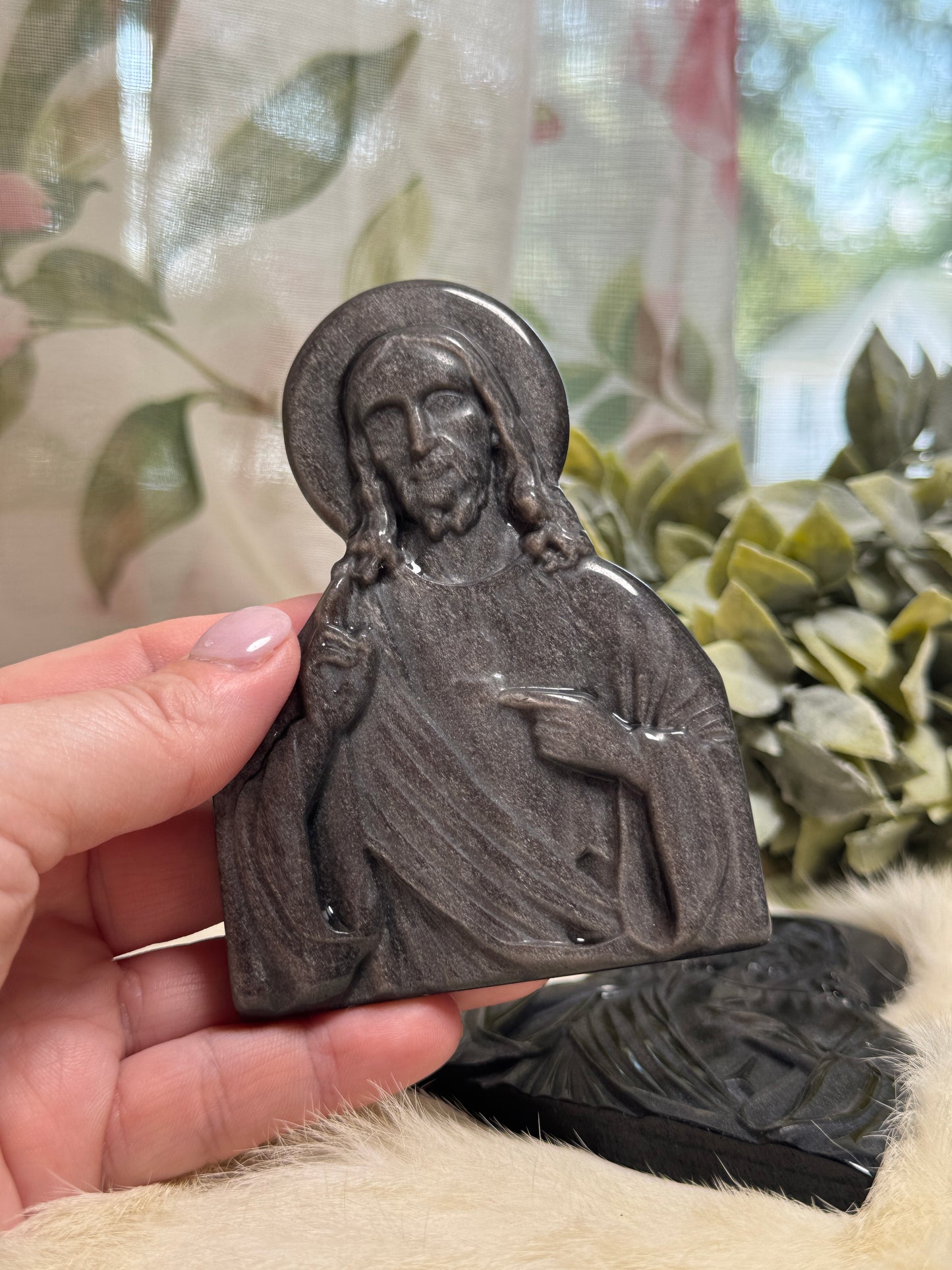 Silver Sheen Obsidian Jesus w/ Heart Scepter