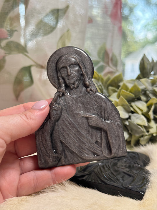 Silver Sheen Obsidian Jesus w/ Heart Scepter