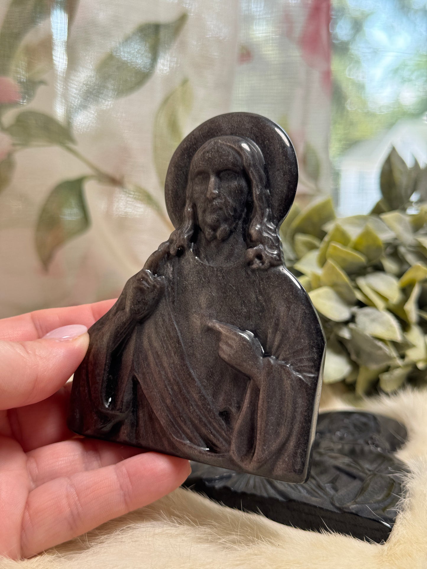 Silver Sheen Obsidian Jesus w/ Heart Scepter