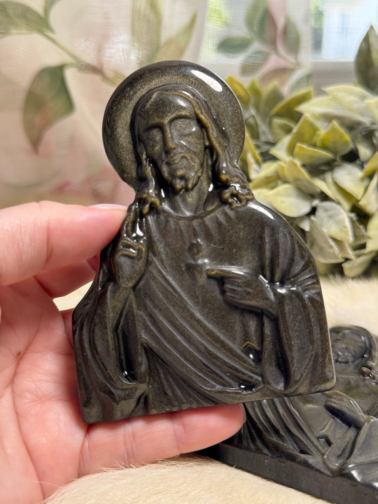 Golden Sheen Obsidian Jesus w/ Heart Scepter