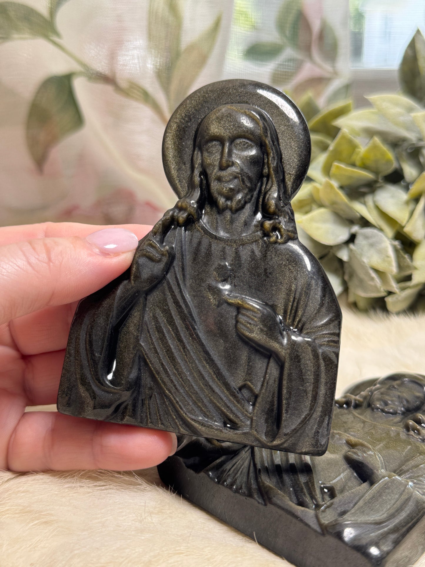 Golden Sheen Obsidian Jesus w/ Heart Scepter