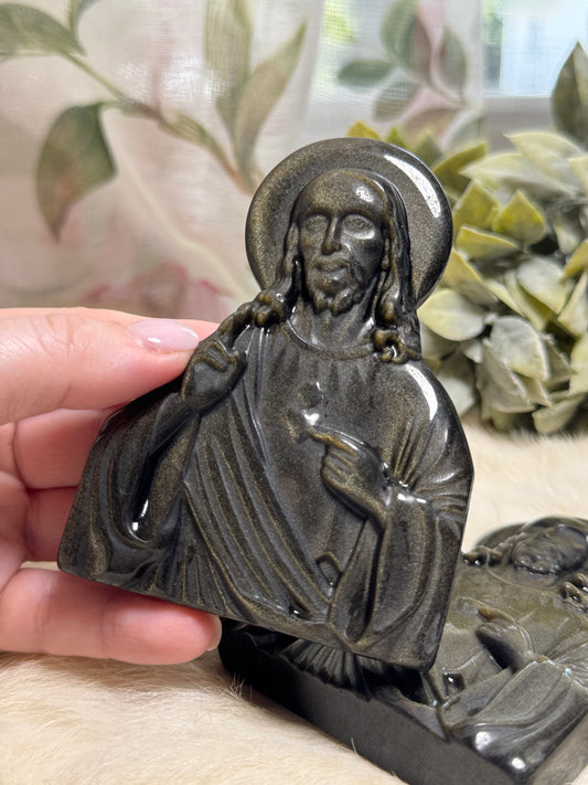 Golden Sheen Obsidian Jesus w/ Heart Scepter