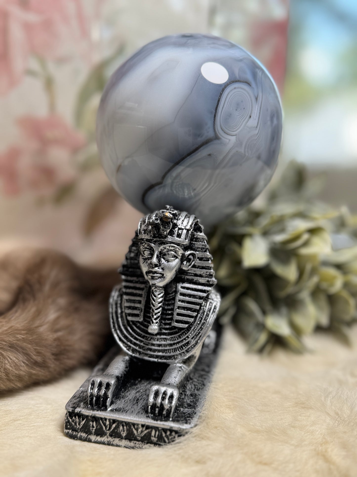 Blue Agate Large Sphere w/ Egyptian Sphinx Holder