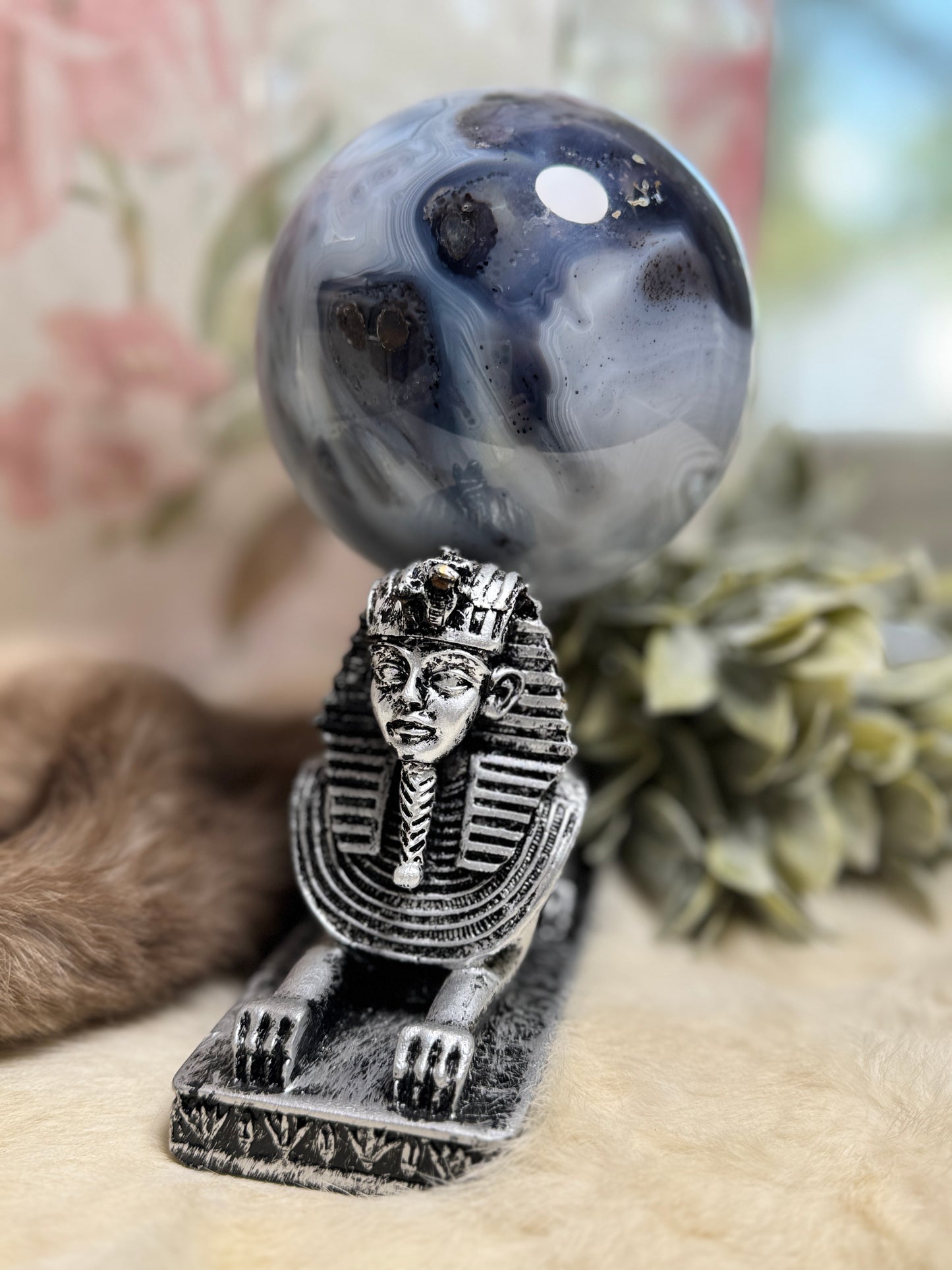Blue Agate Large Sphere w/ Egyptian Sphinx Holder
