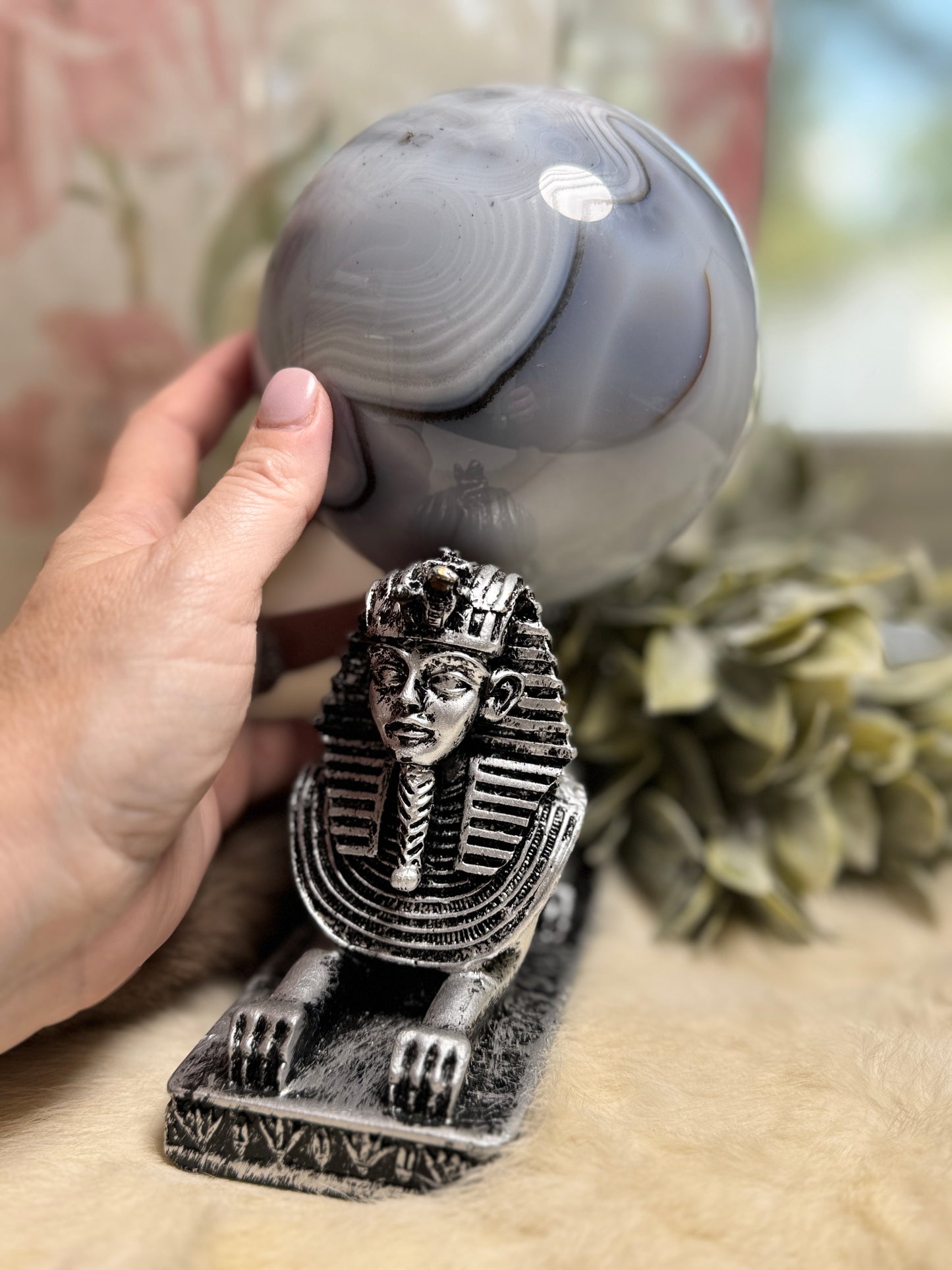 Blue Agate Large Sphere w/ Egyptian Sphinx Holder
