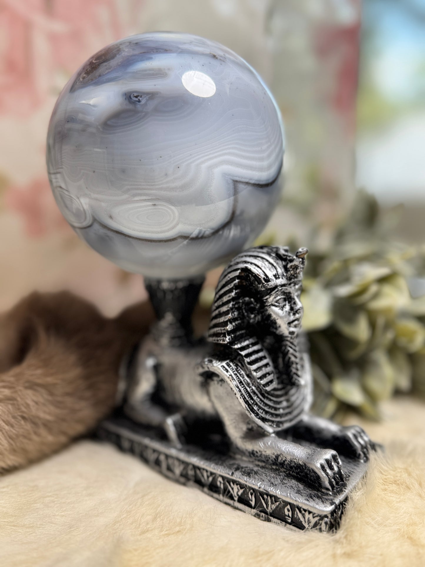 Blue Agate Large Sphere w/ Egyptian Sphinx Holder