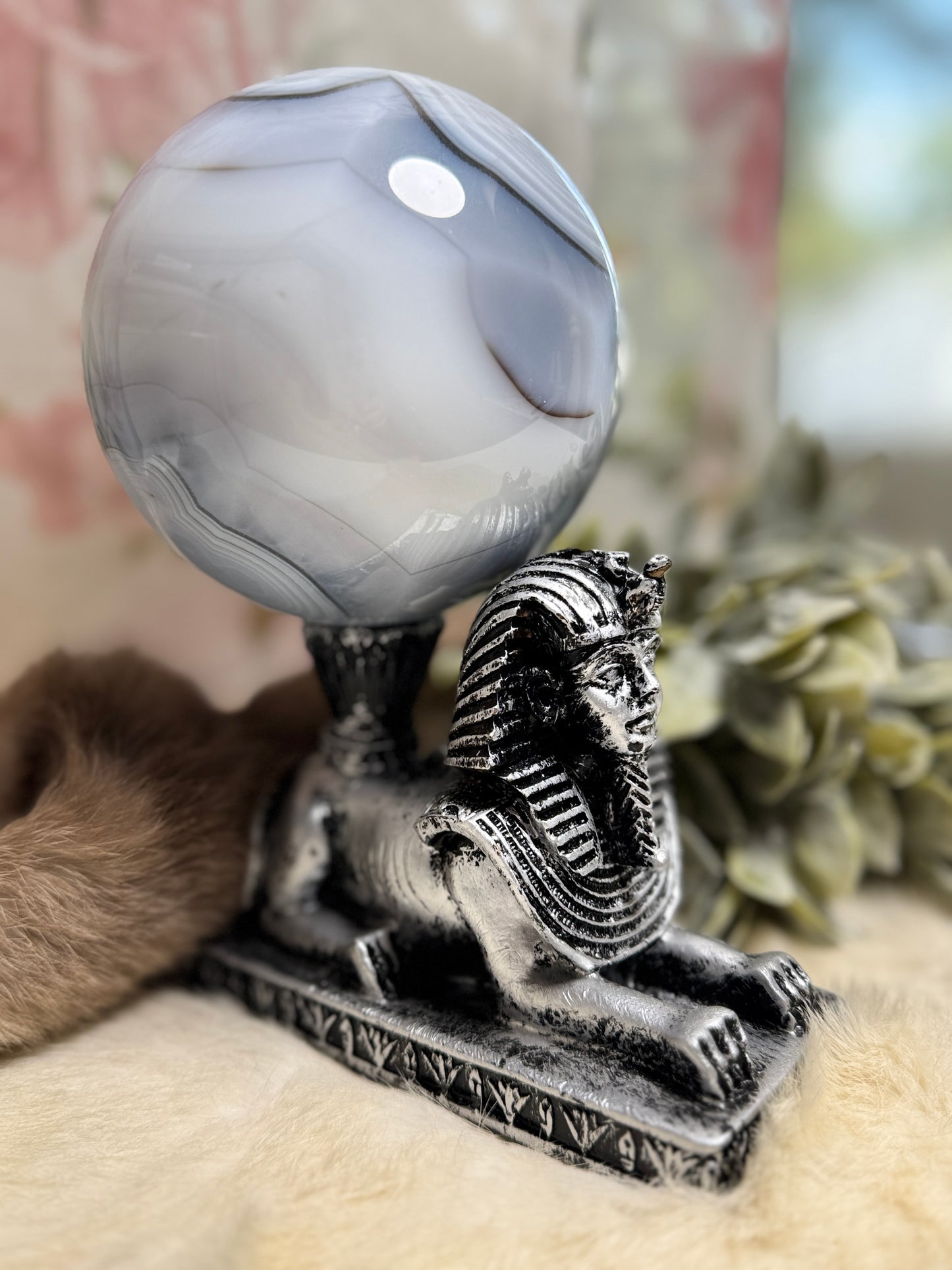 Blue Agate Large Sphere w/ Egyptian Sphinx Holder