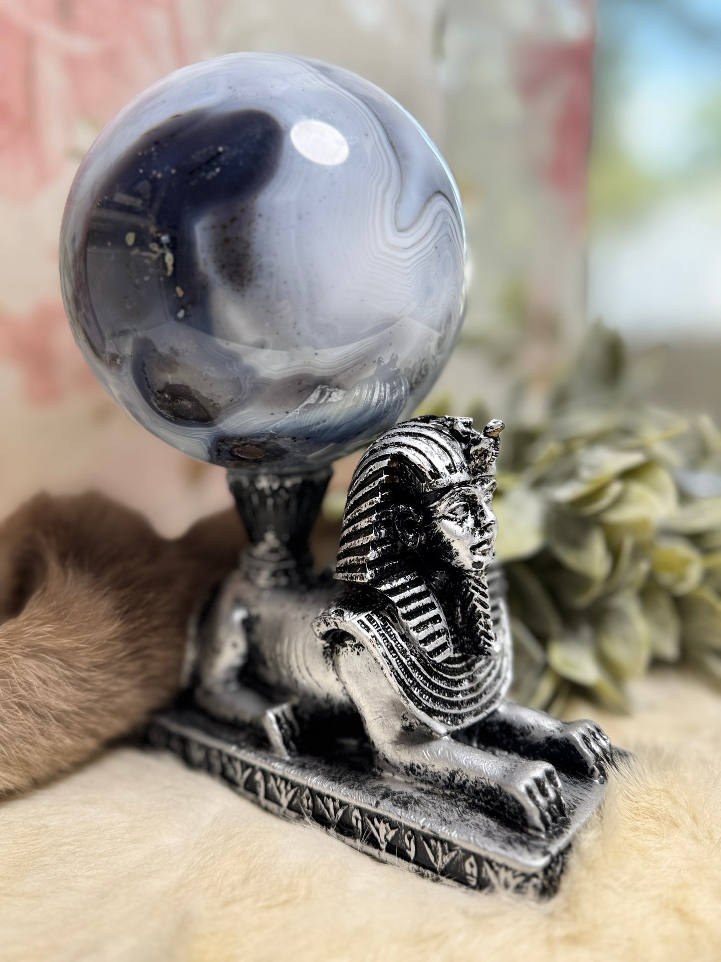 Blue Agate Large Sphere w/ Egyptian Sphinx Holder