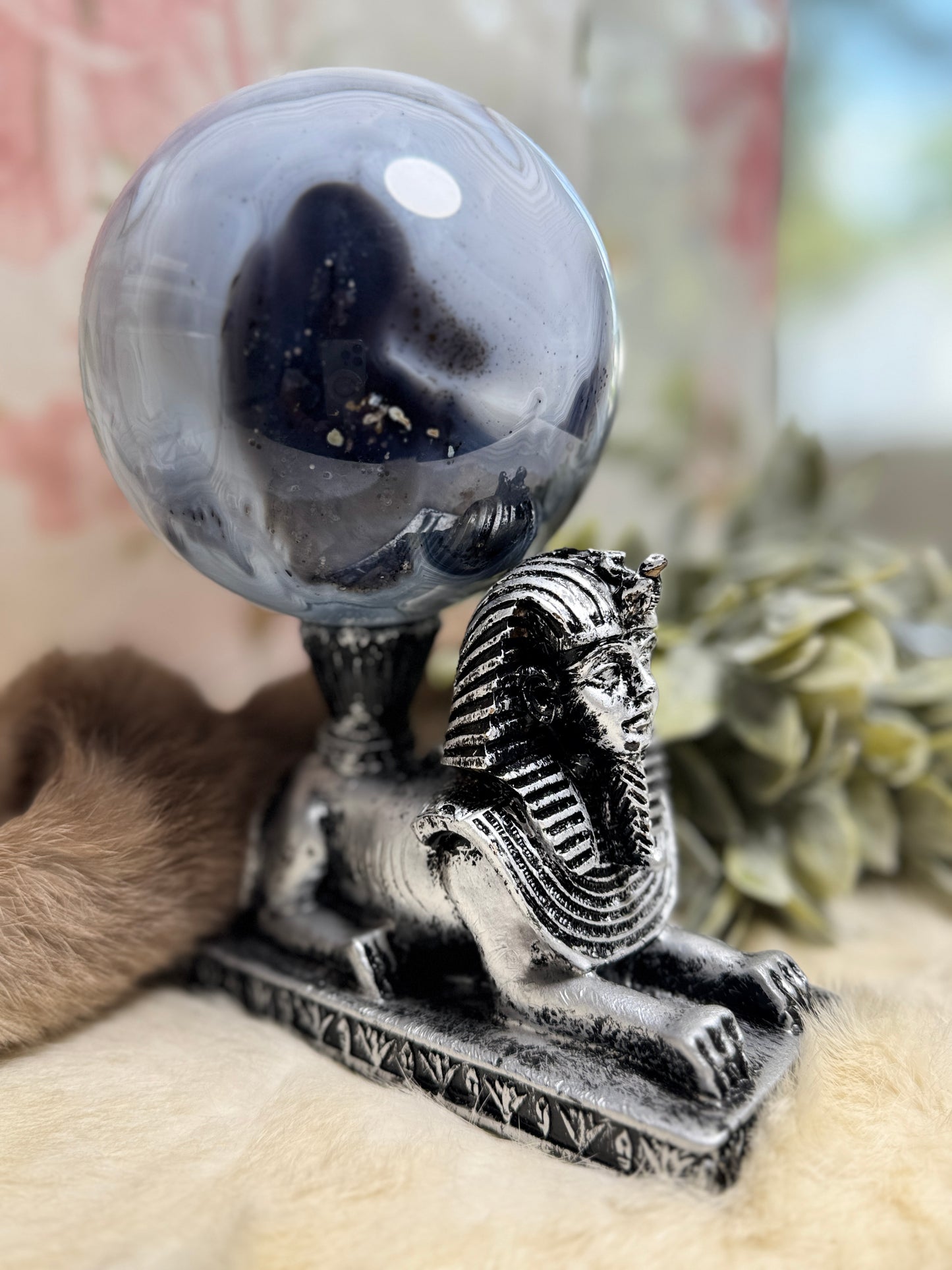 Blue Agate Large Sphere w/ Egyptian Sphinx Holder