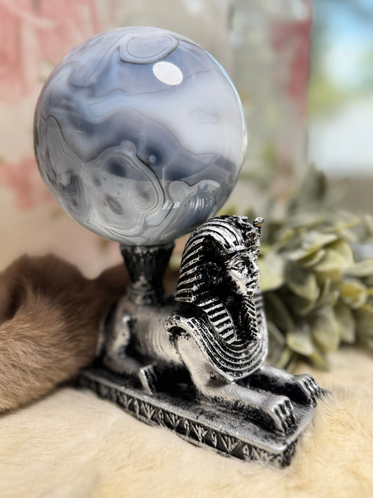 Blue Agate Large Sphere w/ Egyptian Sphinx Holder