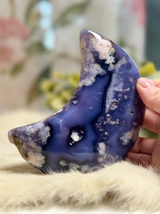 Blue Flower Agate Moon w/ Removeable Stand