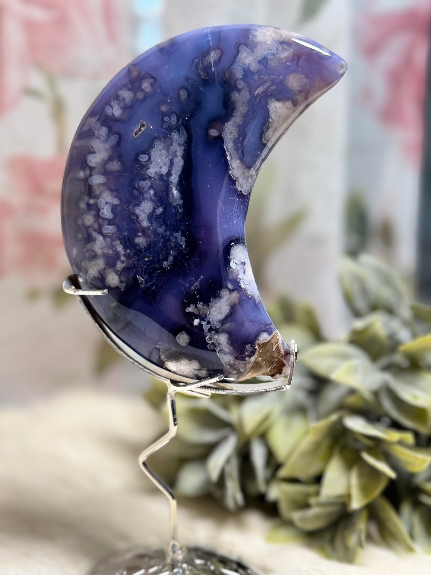 Blue Flower Agate Moon w/ Removeable Stand
