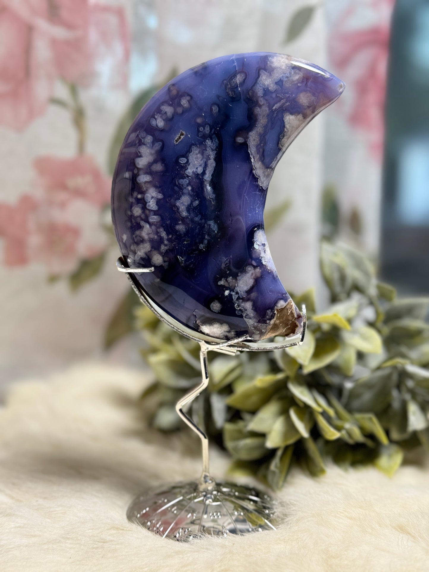 Blue Flower Agate Moon w/ Removeable Stand