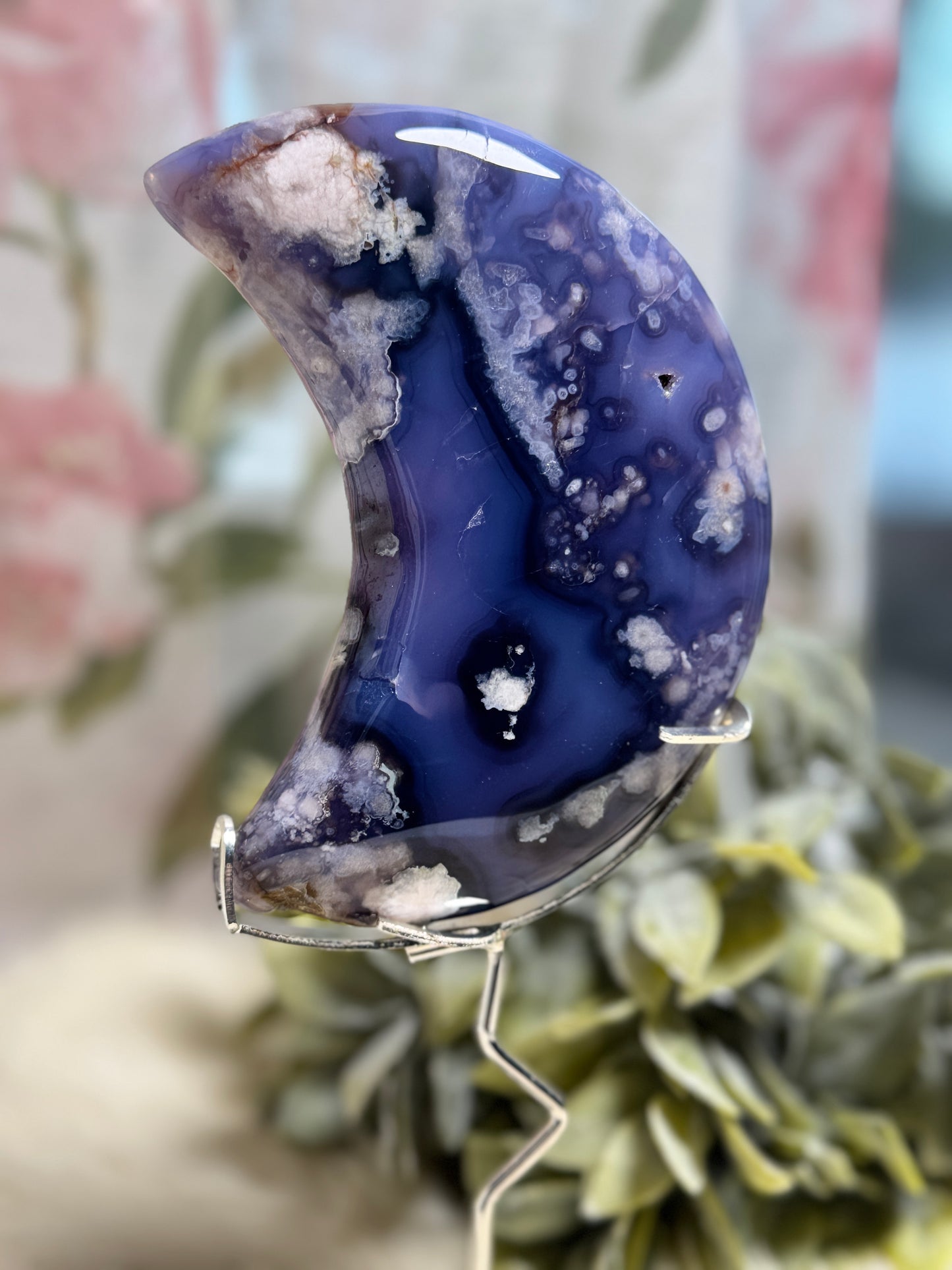 Blue Flower Agate Moon w/ Removeable Stand