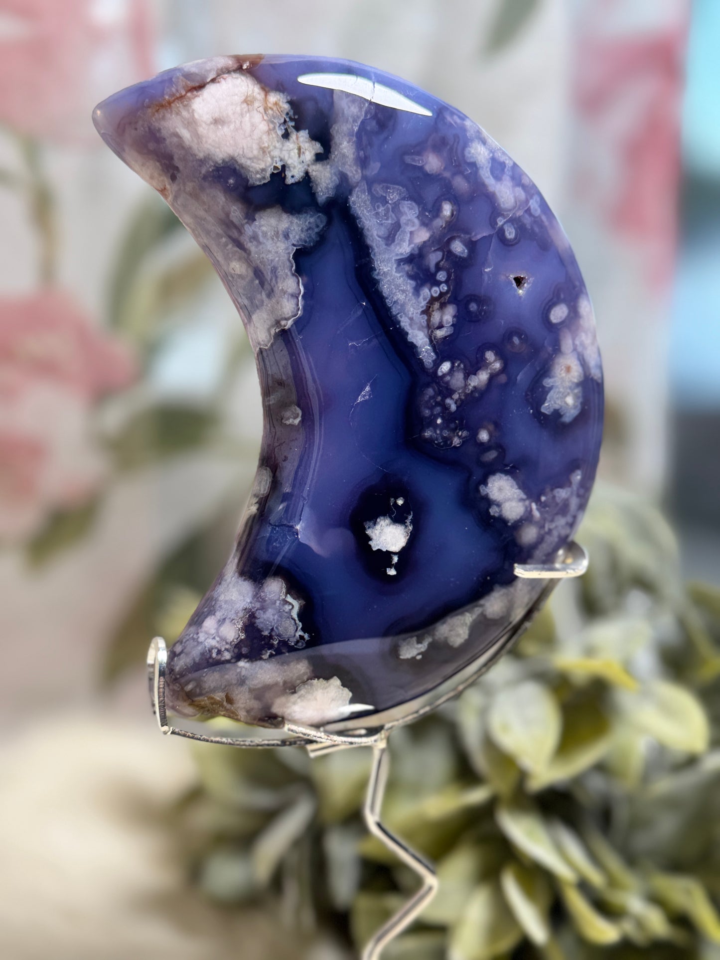 Blue Flower Agate Moon w/ Removeable Stand