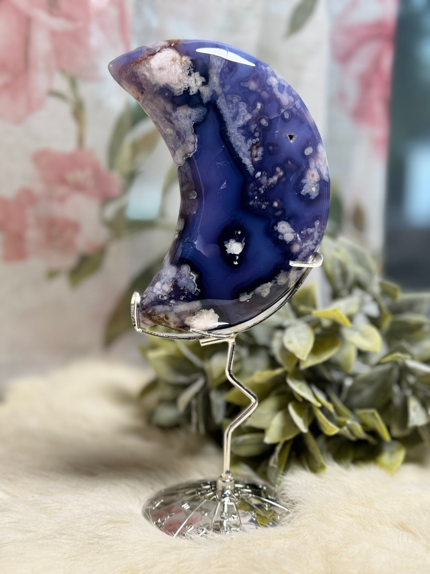 Blue Flower Agate Moon w/ Removeable Stand