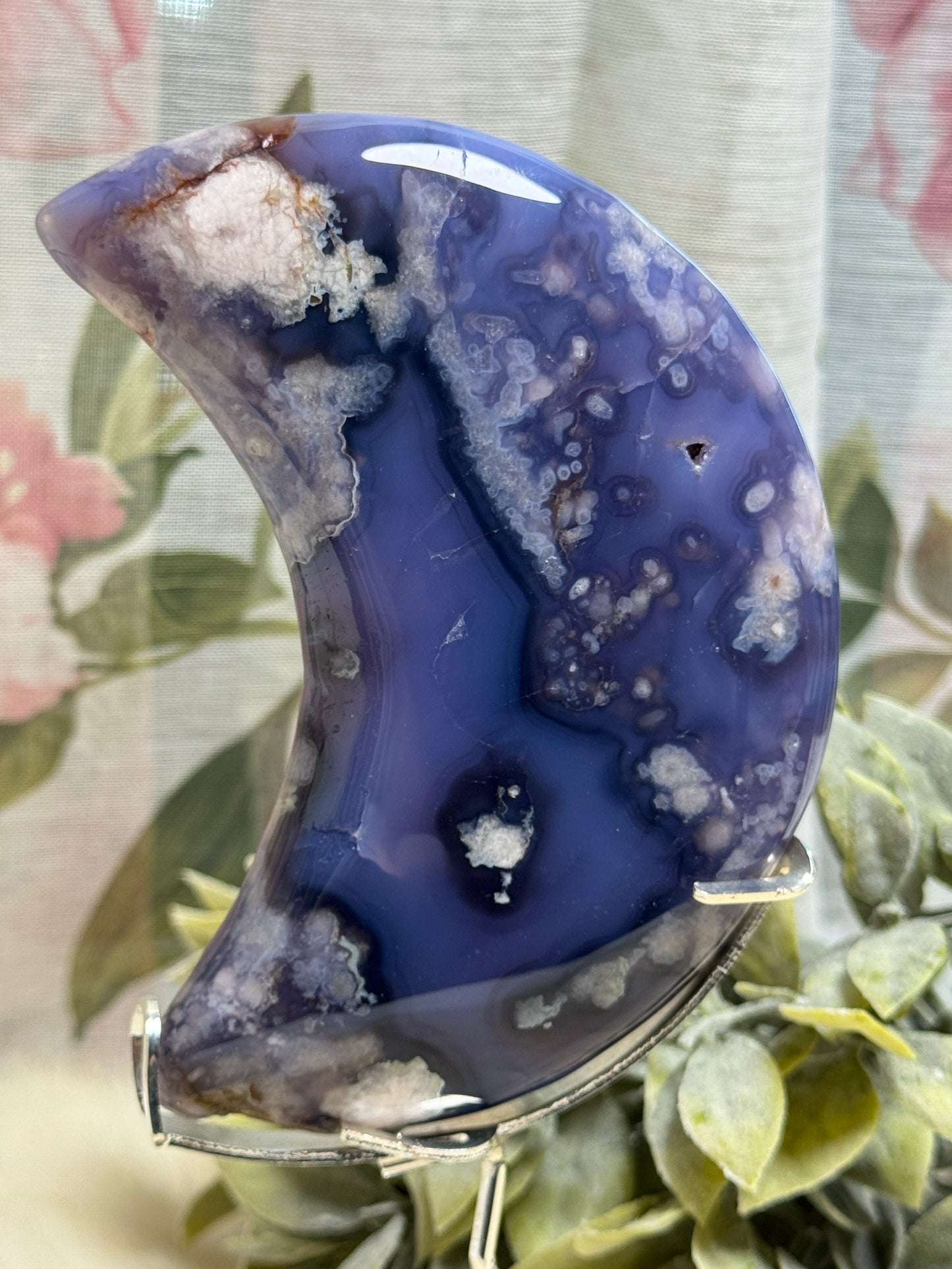 Blue Flower Agate Moon w/ Removeable Stand