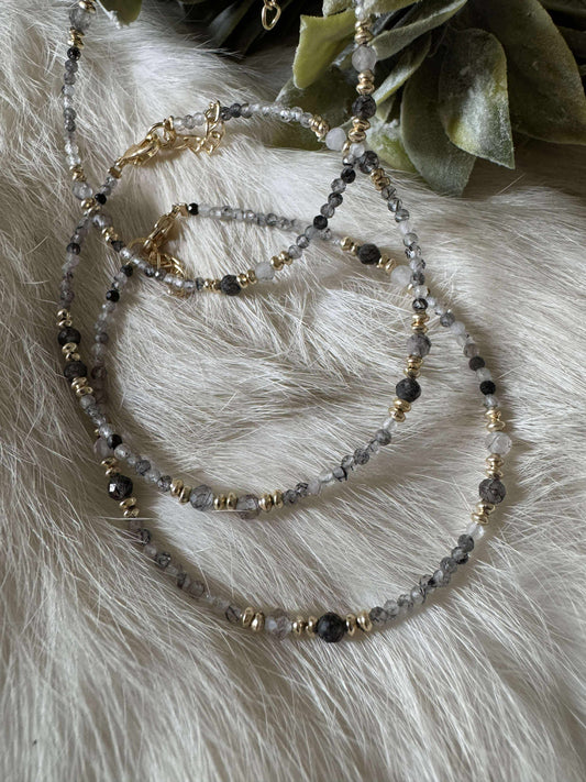 Black Tourmaline Rutile Quartz Bead Bracelet