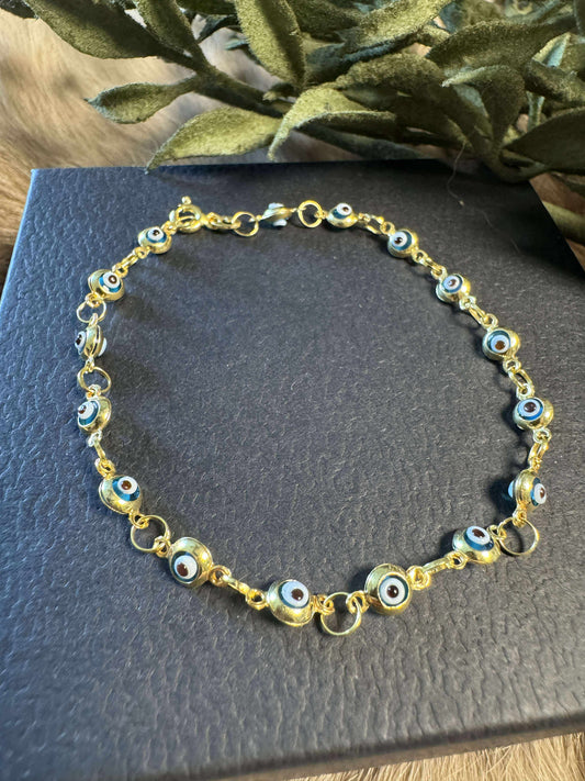 Blue Kyanite Evil Eye Gold Link Adjustable Bracelet