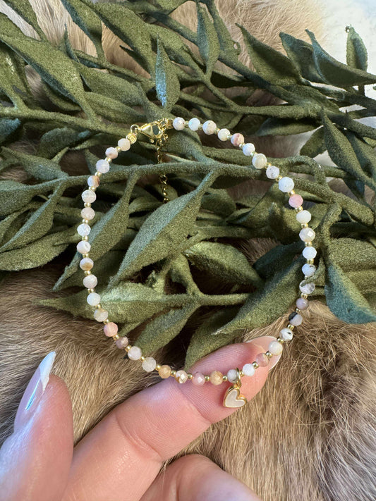 Pink Opal w/ Iridescent Pearl Heart Bracelet