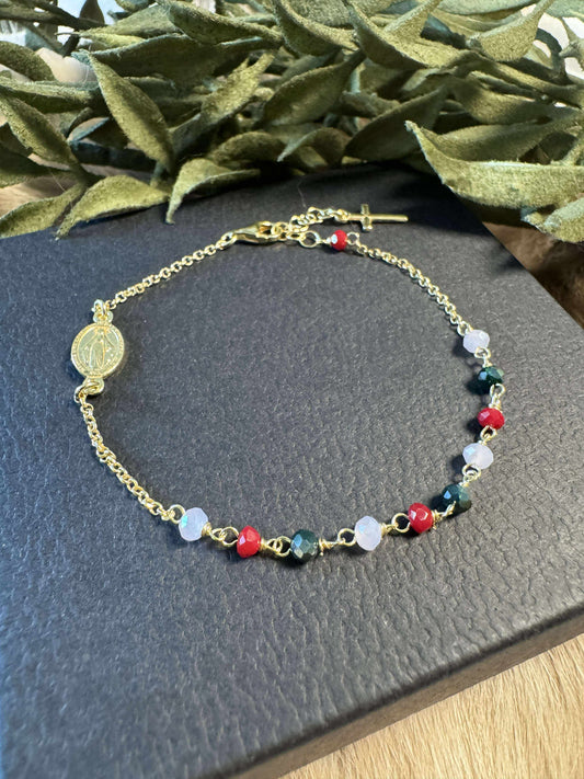 Emerald, Red Ruby & White Quartz Mother Mary Bracelet