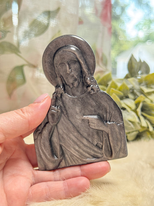 Silver Sheen Obsidian Jesus w/ Heart Scepter
