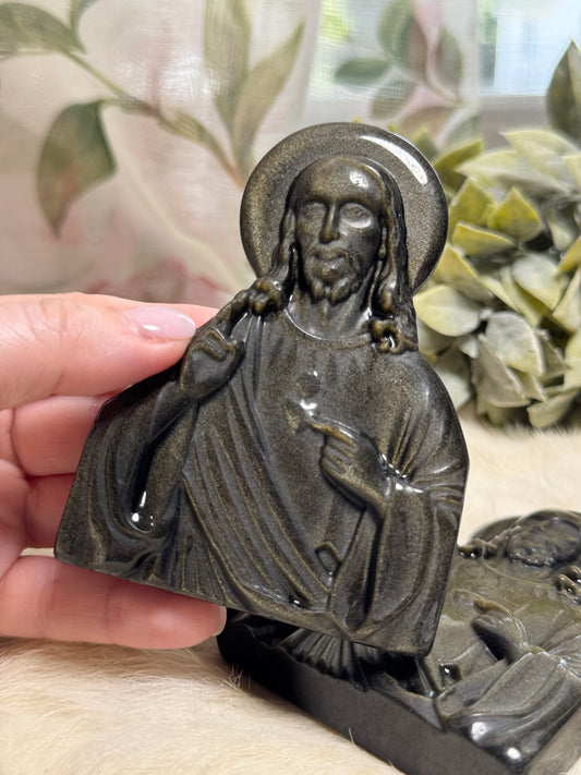 Golden Sheen Obsidian Jesus w/ Heart Scepter