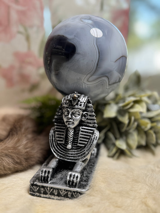 Blue Agate Large Sphere w/ Egyptian Sphinx Holder