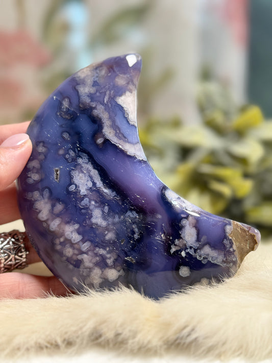 Blue Flower Agate Moon w/ Removeable Stand