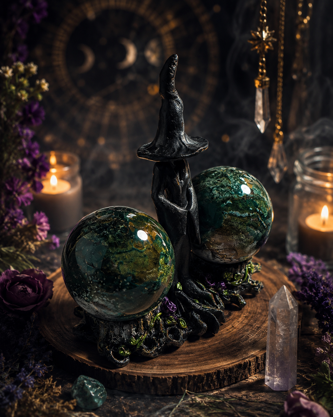 Mystical Witch Sphere Holder w/ Ocean Jasper Spheres