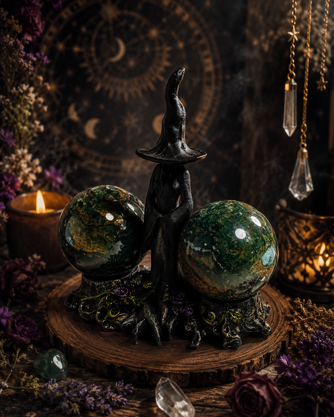 Mystical Witch Sphere Holder w/ Ocean Jasper Spheres