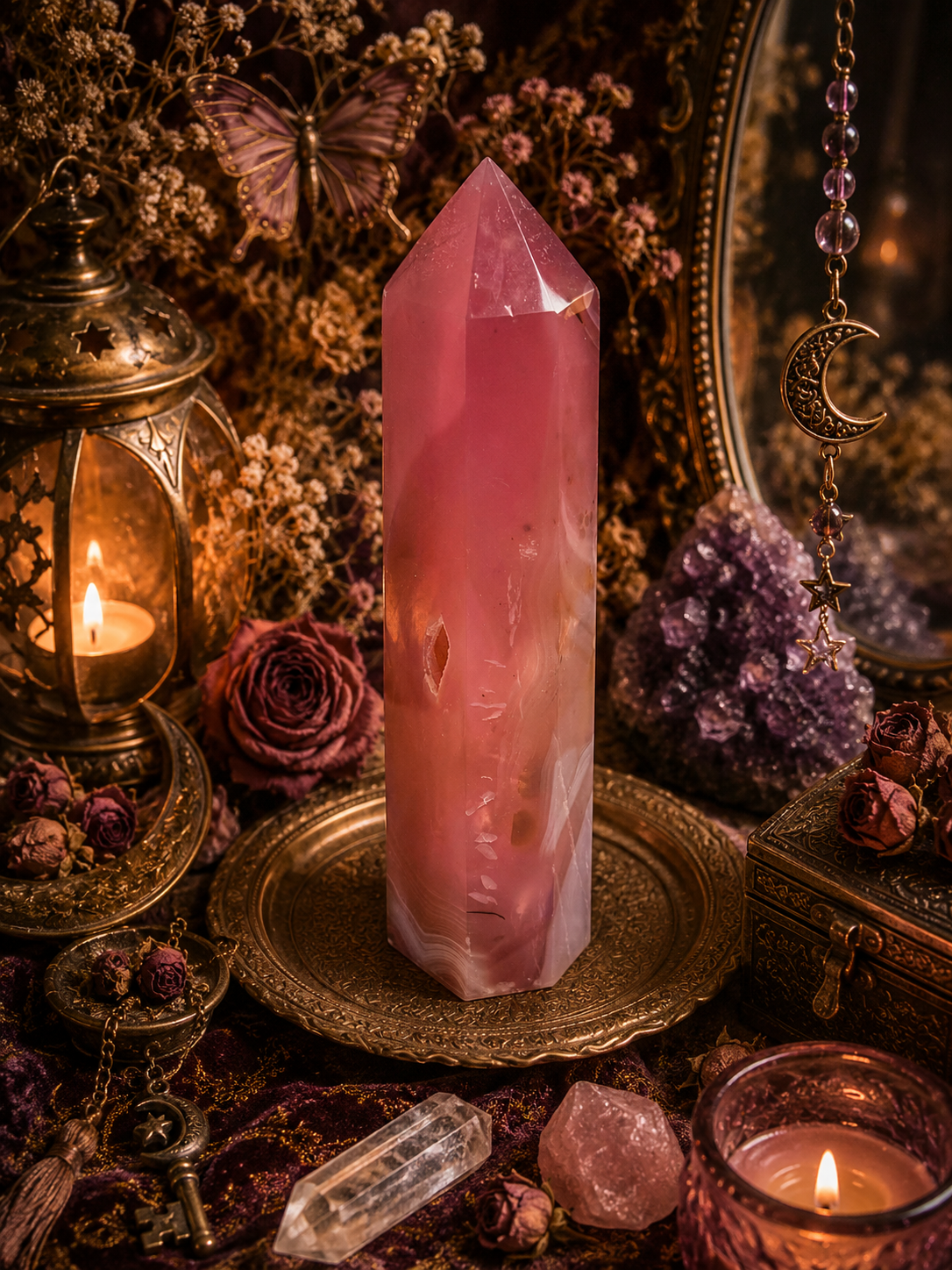 Jelly Pink Agate Druzy Tower
